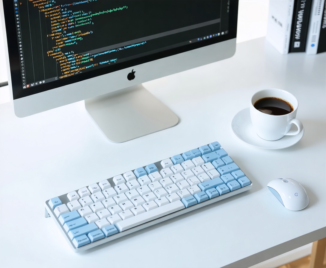 Ein aufgeräumter Schreibtisch mit mechanischer Tastatur und einem Monitor, der modernen JavaScript Code zeigt