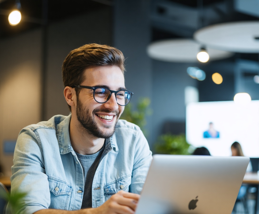 Ein junger Softwareentwickler arbeitet konzentriert an seinem Laptop in einem modernen, hellen Büro